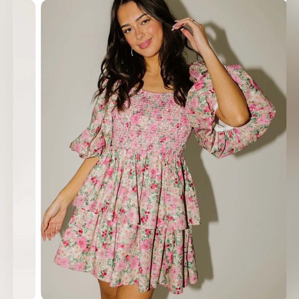 Shop Zoco pink floral country club puff sleeve dress